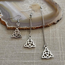 Load image into Gallery viewer, Celtic Knot Gaelic Earrings - Your Choice of Three Lengths - Long Dangle Chain Earrings