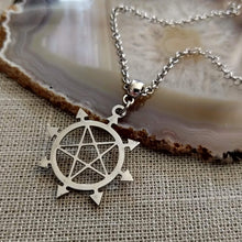 Load image into Gallery viewer, Inverted Pentagram Necklace, Eight Pointed Star on Silver Rolo Chain