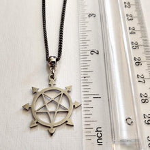 Load image into Gallery viewer, Inverted Pentagram Necklace, Eight Pointed Star on Gunmetal Curb Chain
