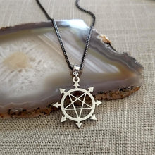 Load image into Gallery viewer, Inverted Pentagram Necklace, Eight Pointed Star on Gunmetal Curb Chain