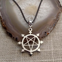 Load image into Gallery viewer, Inverted Pentagram Necklace, Eight Pointed Star on Gunmetal Curb Chain
