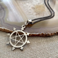 Load image into Gallery viewer, Inverted Pentagram Necklace, Eight Pointed Star on Gunmetal Curb Chain