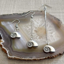 Load image into Gallery viewer, Metal Ammonite Earrings, Your Choice of Three Lengths, Long Dangle Chain Drop