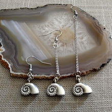 Load image into Gallery viewer, Metal Ammonite Earrings, Your Choice of Three Lengths, Long Dangle Chain Drop
