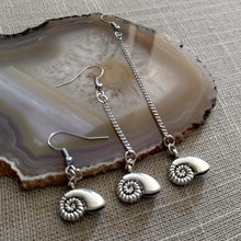Load image into Gallery viewer, Metal Ammonite Earrings, Your Choice of Three Lengths, Long Dangle Chain Drop