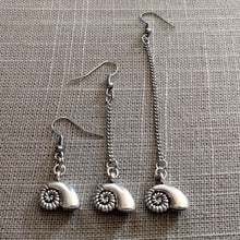 Load image into Gallery viewer, Metal Ammonite Earrings, Your Choice of Three Lengths, Long Dangle Chain Drop