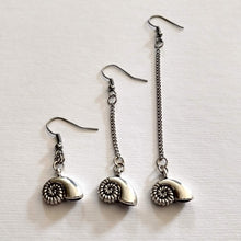 Load image into Gallery viewer, Metal Ammonite Earrings, Your Choice of Three Lengths, Long Dangle Chain Drop