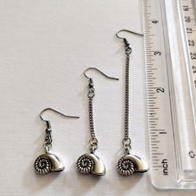Load image into Gallery viewer, Metal Ammonite Earrings, Your Choice of Three Lengths, Long Dangle Chain Drop