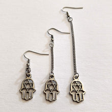 Load image into Gallery viewer, Hamsa Earrings, Star Of David Jewelry, Your Choice of Three Lengths - Long Dangle Chain Earrings