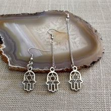 Load image into Gallery viewer, Hamsa Earrings, Star Of David Jewelry, Your Choice of Three Lengths - Long Dangle Chain Earrings