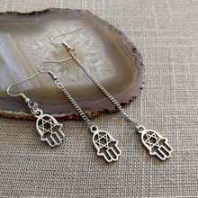 Load image into Gallery viewer, Hamsa Earrings, Star Of David Jewelry, Your Choice of Three Lengths - Long Dangle Chain Earrings