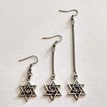 Load image into Gallery viewer, Double Star of David Earrings - Your Choice of Three Lengths - Long Dangle Chain Earrings
