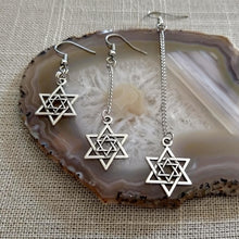 Load image into Gallery viewer, Double Star of David Earrings - Your Choice of Three Lengths - Long Dangle Chain Earrings
