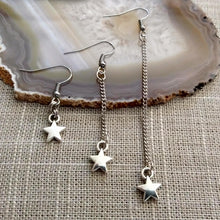 Load image into Gallery viewer, Silver Tiny Star Earrings, Your Choice of Three Lengths, Long Dangle Chain Drop