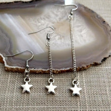 Load image into Gallery viewer, Silver Tiny Star Earrings, Your Choice of Three Lengths, Long Dangle Chain Drop