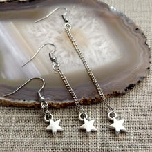 Load image into Gallery viewer, Silver Tiny Star Earrings, Your Choice of Three Lengths, Long Dangle Chain Drop