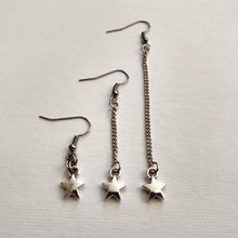 Load image into Gallery viewer, Silver Tiny Star Earrings, Your Choice of Three Lengths, Long Dangle Chain Drop