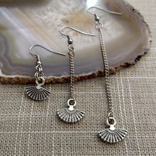 Load image into Gallery viewer, Silver Tiny Fan Earrings, Your Choice of Three Lengths, Long Dangle Chain Drop