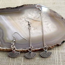 Load image into Gallery viewer, Silver Tiny Fan Earrings, Your Choice of Three Lengths, Long Dangle Chain Drop