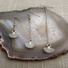Load image into Gallery viewer, Silver Tiny Fan Earrings, Your Choice of Three Lengths, Long Dangle Chain Drop
