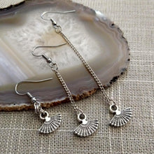 Load image into Gallery viewer, Silver Tiny Fan Earrings, Your Choice of Three Lengths, Long Dangle Chain Drop