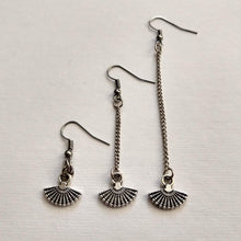 Load image into Gallery viewer, Silver Tiny Fan Earrings, Your Choice of Three Lengths, Long Dangle Chain Drop