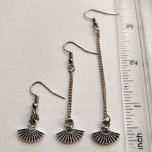 Load image into Gallery viewer, Silver Tiny Fan Earrings, Your Choice of Three Lengths, Long Dangle Chain Drop