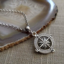 Load image into Gallery viewer, Compass Necklace, Maritime Nautical Boating Jewelry on Silver Rolo Chain, Mens Jewelry