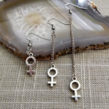 Load image into Gallery viewer, Female Symbol Earrings,  Your Choice of Three Lengths, Long Dangle Chain Drop