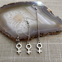 Load image into Gallery viewer, Female Symbol Earrings,  Your Choice of Three Lengths, Long Dangle Chain Drop