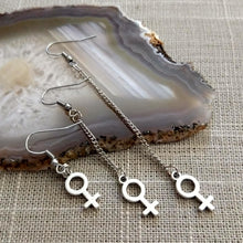 Load image into Gallery viewer, Female Symbol Earrings,  Your Choice of Three Lengths, Long Dangle Chain Drop