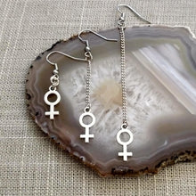 Load image into Gallery viewer, Female Symbol Earrings,  Your Choice of Three Lengths, Long Dangle Chain Drop