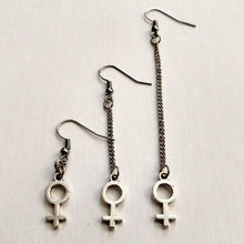 Load image into Gallery viewer, Female Symbol Earrings,  Your Choice of Three Lengths, Long Dangle Chain Drop