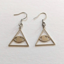 Load image into Gallery viewer, Illuminati Earrings, All Seeing Eye, Drop Dangle Earrings, Stainless Machine Cut Steel