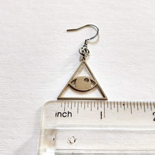 Load image into Gallery viewer, Illuminati Earrings, All Seeing Eye, Drop Dangle Earrings, Stainless Machine Cut Steel