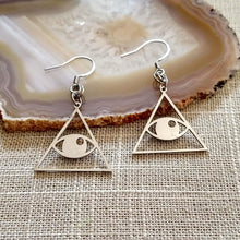 Load image into Gallery viewer, Illuminati Earrings, All Seeing Eye, Drop Dangle Earrings, Stainless Machine Cut Steel