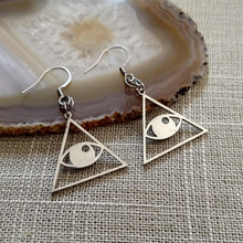 Load image into Gallery viewer, Illuminati Earrings, All Seeing Eye, Drop Dangle Earrings, Stainless Machine Cut Steel
