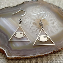 Load image into Gallery viewer, Illuminati Earrings, All Seeing Eye, Drop Dangle Earrings, Stainless Machine Cut Steel