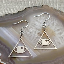Load image into Gallery viewer, Illuminati Earrings, All Seeing Eye, Drop Dangle Earrings, Stainless Machine Cut Steel