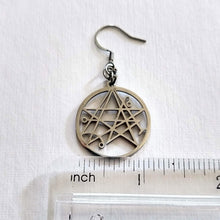 Load image into Gallery viewer, Necronomicon Earrings, HP Lovecraft Dangle Drop Earrings, Machine Cut Stainless Steel Charms