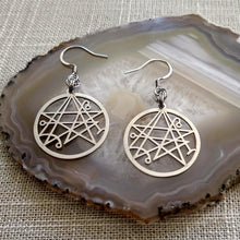 Load image into Gallery viewer, Necronomicon Earrings, HP Lovecraft Dangle Drop Earrings, Machine Cut Stainless Steel Charms