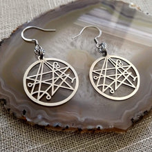Load image into Gallery viewer, Necronomicon Earrings, HP Lovecraft Dangle Drop Earrings, Machine Cut Stainless Steel Charms