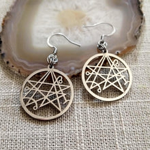 Load image into Gallery viewer, Necronomicon Earrings, HP Lovecraft Dangle Drop Earrings, Machine Cut Stainless Steel Charms