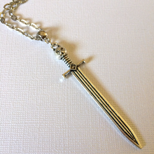 Load image into Gallery viewer, Cat Head Sword Necklace on Silver Cable Chain, Mens Jewelry