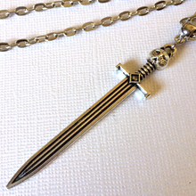Load image into Gallery viewer, Cat Head Sword Necklace on Silver Cable Chain, Mens Jewelry
