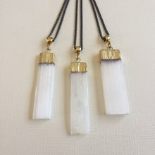 Load image into Gallery viewer, Selenite Necklace - Gold Plated Selenite Quartz Pendant on Gunmetal Thin Curb Chain