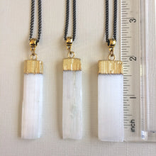 Load image into Gallery viewer, Selenite Necklace - Gold Plated Selenite Quartz Pendant on Gunmetal Thin Curb Chain