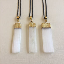 Load image into Gallery viewer, Selenite Necklace - Gold Plated Selenite Quartz Pendant on Gunmetal Thin Curb Chain