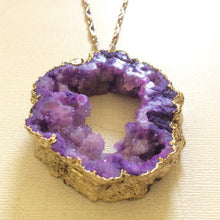 Load image into Gallery viewer, Geode Slice Necklace, Chunky Purple Druzy Statement Jewelry, Vintage Brass Chain
