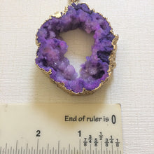 Load image into Gallery viewer, Geode Slice Necklace, Chunky Purple Druzy Statement Jewelry, Vintage Brass Chain